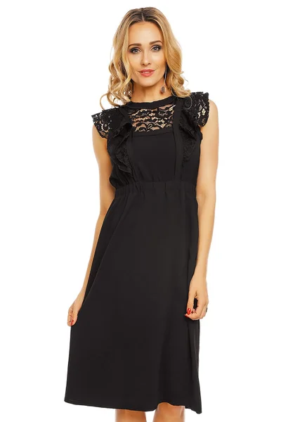 Dámské šaty s krajkovým rukávem středně dlouhé v černé barvě - Černá - Elli White