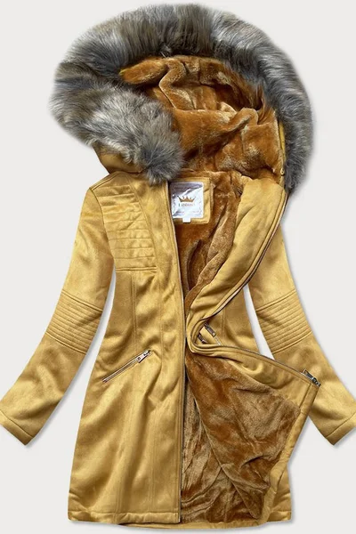 Dámská zimní semišová bunda s kapucí  hořčicová - Libland