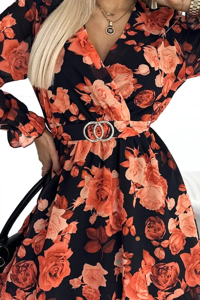 - Velmi žensky působící dámské šaty se vzorem oranžových růží, s přeloženým Numoco