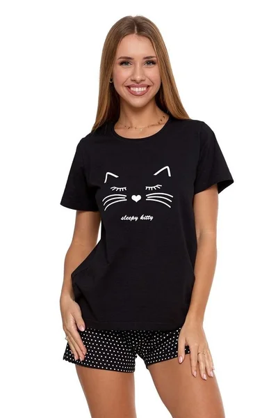 Černé dámské pyžamo Sleepy Kitty od Moraj s potiskem