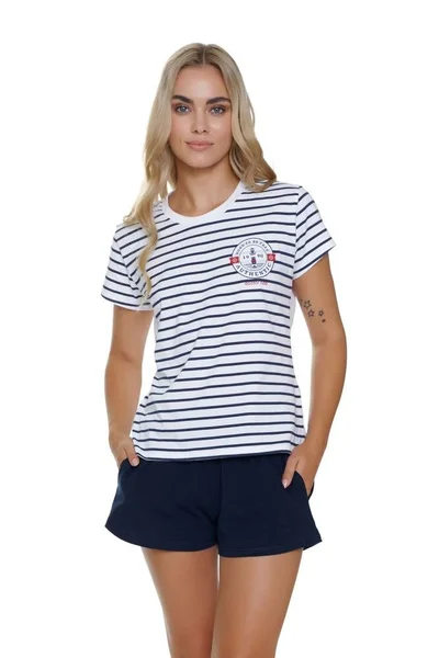 Marine Stripe – Dámské bavlněné pyžamo bílé s modrými pruhy dn-nightwear