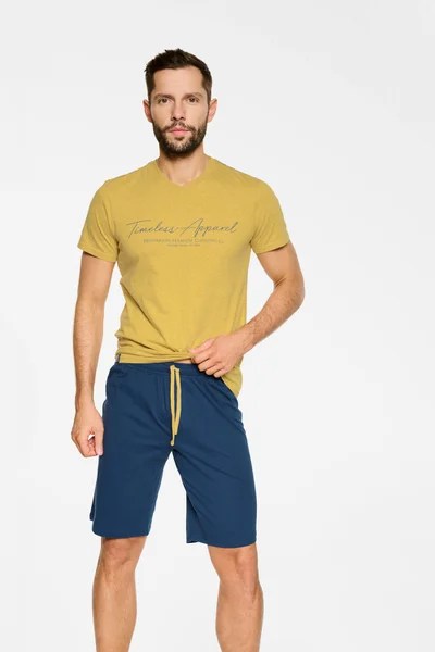Pohodlné pánské pyžamo v žluto-v modré barvě barvě s krátkými rukávy a šortkami od Hendersonu