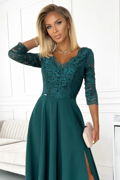 AMBER - Elegantní dlouhé dámské krajkové šaty v lahvově zelené barvě s výstřihem   Numoco