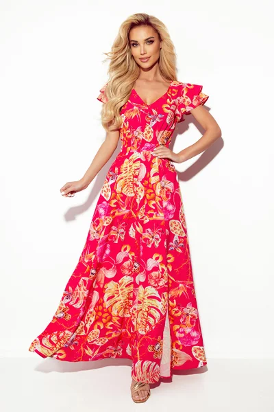 LIDIA - v růžové barvě květované dlouhé dámské šaty s výstřihem a volánky  Numoco