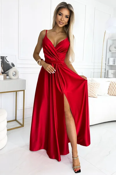 Červené saténové šaty Juliet s rozparkem - Numoco