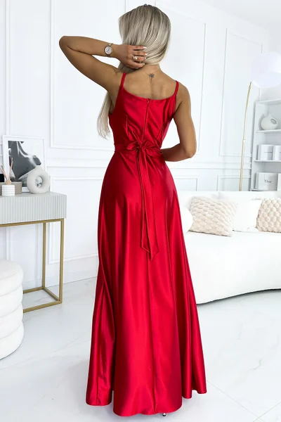 Červené saténové šaty Juliet s rozparkem - Numoco
