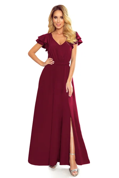 LIDIA - Dlouhé dámské šaty ve vínové bordó barvě s výstřihem a volánky   Numoco