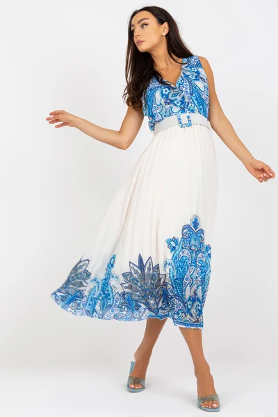 Modro-bílé dámské šaty s potiskem a páskem od FPrice