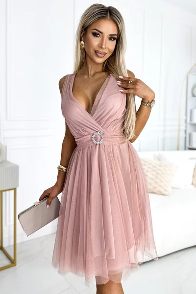 Růžová tiulová šaty Olga s ozdobnou sponou - Numoco Basic