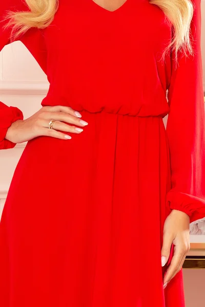 Červené dámské šifonové midi šaty s volánkem a dekoltem  Numoco
