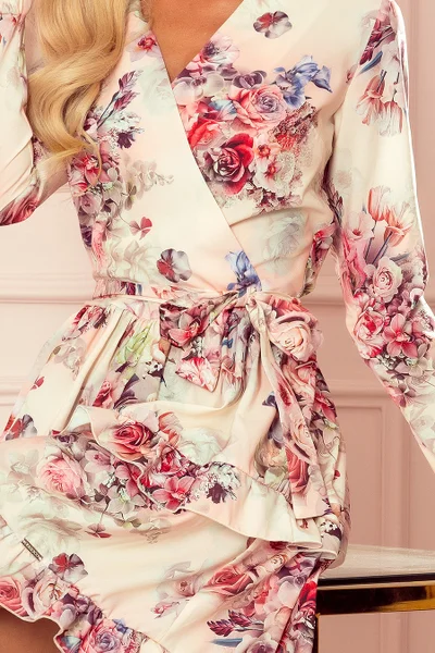 CAROLINE - Dámské šaty s volánky, přeloženým obálkovým výstřihem a s květinovým vzorem na 