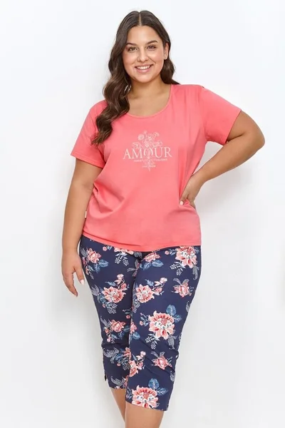 Dámské pyžamo Joyce pro plnoštíhlé - v růžové barvě s květinovým vzorem