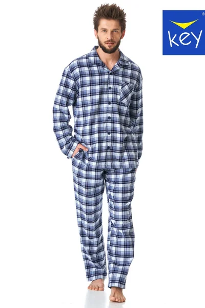 Modré pánské flanelové pyžamo s knoflíky - Key