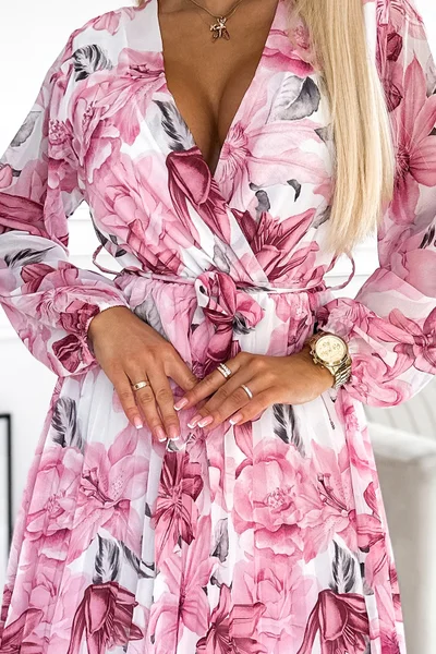 Šaty GAJA - plisované šifonové midi s růžovým květinovým vzorem