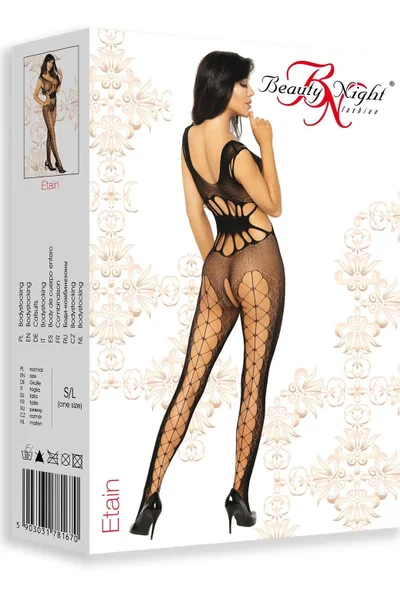 Černý bodystocking Etain - síťovina a otevřený rozkrok Beauty Night Fashion