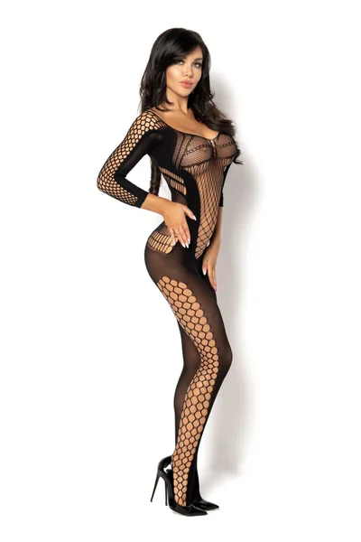 Černé průsvitné bodystocking s tříčtvrtečními rukávy Beauty Night Fashion