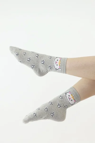 Dámské veselé ponožky v šedé barvě kočka s tlapkami Moraj