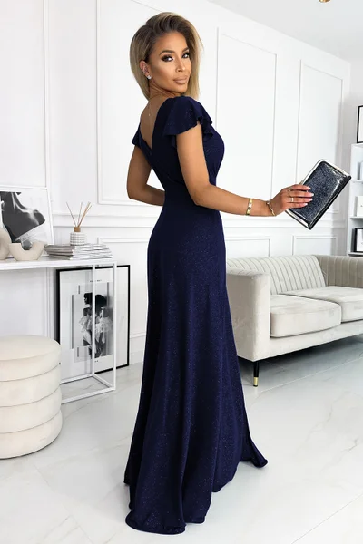 CRYSTAL - Tmavě v modré barvě lesklé dlouhé dámské šaty s výstřihem   Numoco