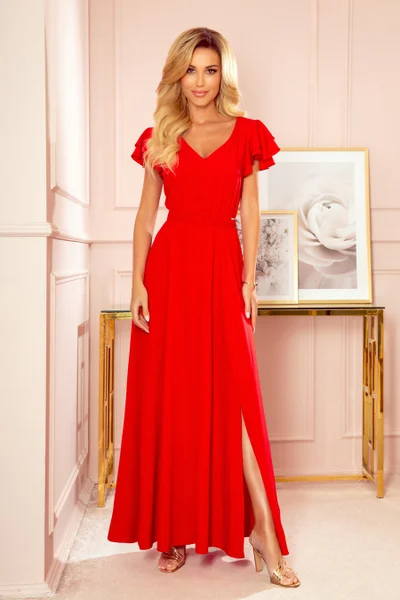 LIDIA - Dlouhé červené dámské šaty s volánky a dekoltem  Numoco