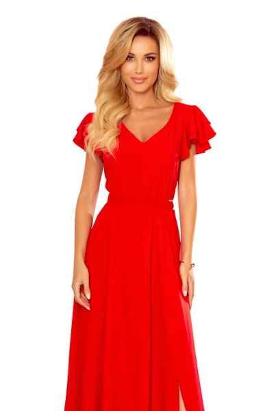 LIDIA - Dlouhé červené dámské šaty s volánky a dekoltem  Numoco