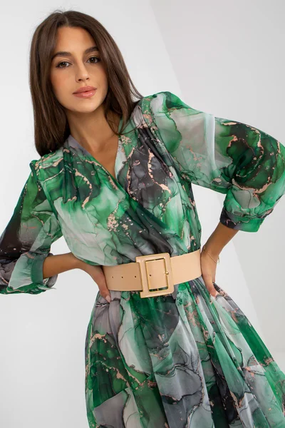 Zeleno-černé elegantní dámské šaty s páskem - FPrice