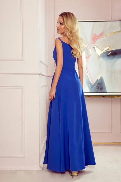 Elegantní dámské maxi šaty v chrpové barvě na ramínkách