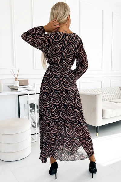 Dlouhé dámské plisované šifonové šaty s výstřihem, dlouhými rukávy, páskem a s hnědým zebřím vzorem