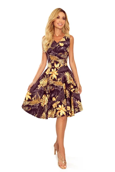 Rozšířené dámské šaty se vzorem zlatých listů a s výstřihem ve tvaru srdce  Numoco