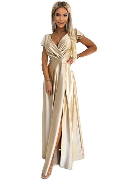 Zlaté saténové maxi šaty CRYSTAL s obálkovým výstřihem - Numoco